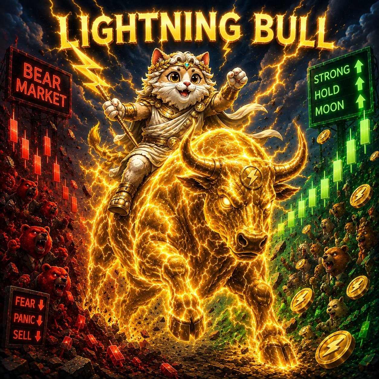 Cateus riding the Lightning Bull through the market